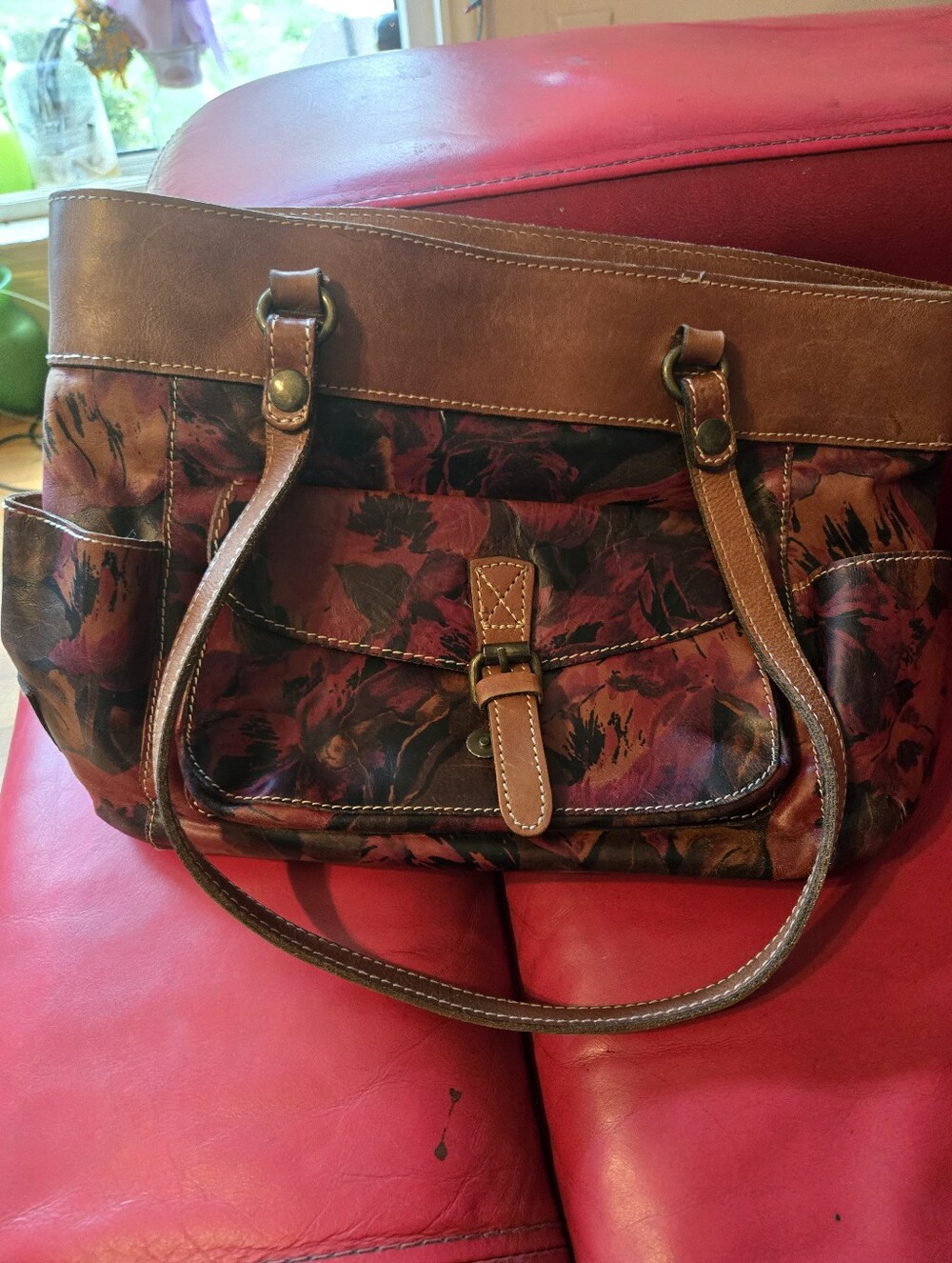 Patricia Nash Brown Floral Leather Tote with Tan Trim